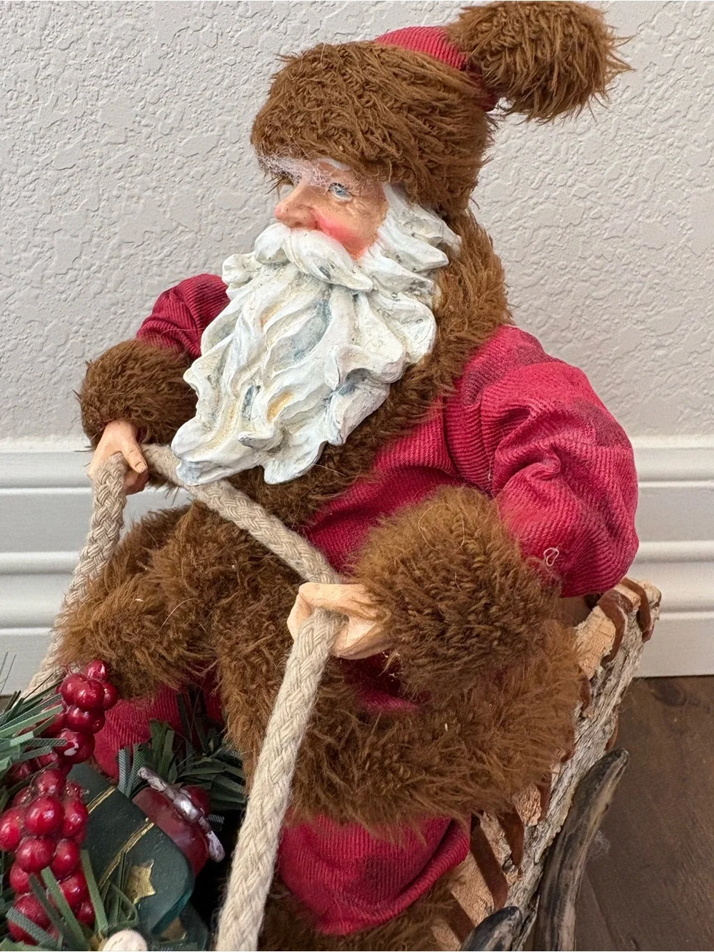 Santa Claus Figure In Bark Wood Sleigh Antlers Sled Christmas Holiday Decor 11”